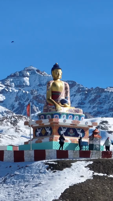 Vertical Aerial View of Buddha Statue at Langza Village Spiti Valley Himachal Pradesh India