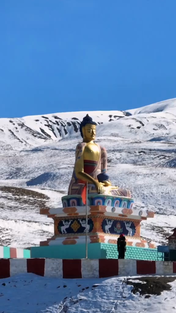 Vertical Aerial View of Buddha Statue at Langza Village Spiti Valley Himachal Pradesh India