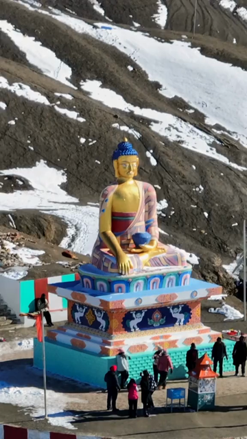 Vertical Aerial View of Buddha Statue at Langza Village Spiti Valley Himachal Pradesh India