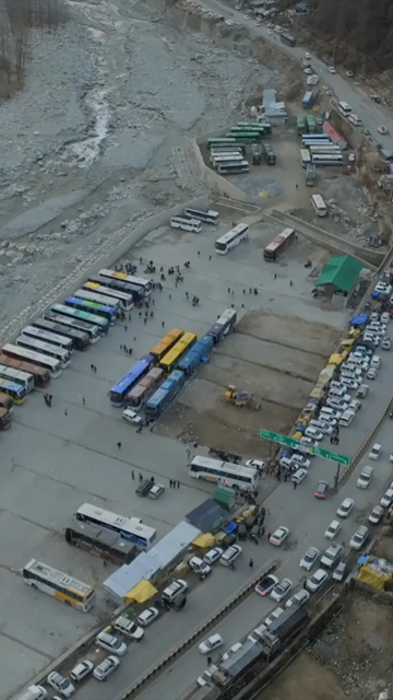 Vertical Aerial View of Bus Parking Area in Manali Himachal Pradesh India