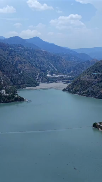 Vertical Aerial View of Chamera Lake with Speedboat, Himachal Pradesh, India