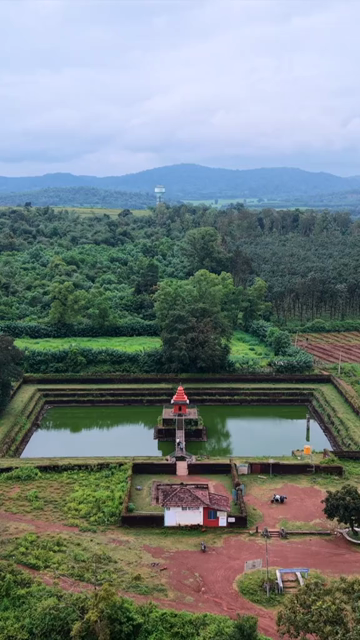 Vertical Aerial View of Champaka Sarasi Historic Temple Karnataka, India