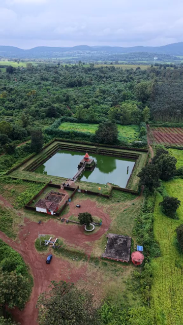 Vertical Aerial View of Champaka Sarasi Historic Temple Karnataka, India