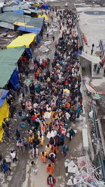 Vertical Aerial View of Char Dham Yatra Pilgrims at Kedarnath Uttarakhand India
