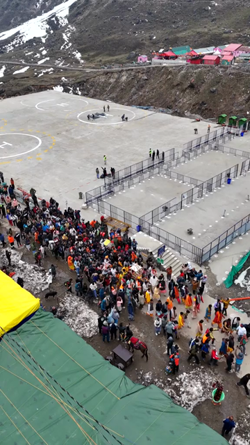 Vertical Aerial View of Char Dham Yatra Pilgrims at Kedarnath Uttarakhand India