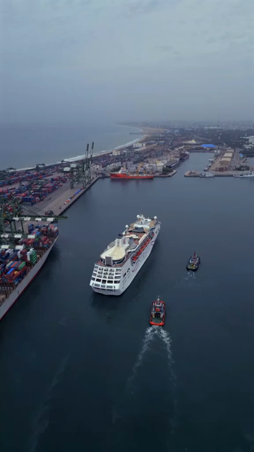 Vertical Aerial View of Chennai Port with Cruise Ship Tamil Nadu India
