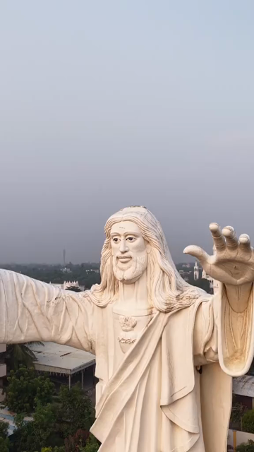 Vertical Aerial View of Morning Star Church and Jesus Statue in Velankanni Tamil Nadu