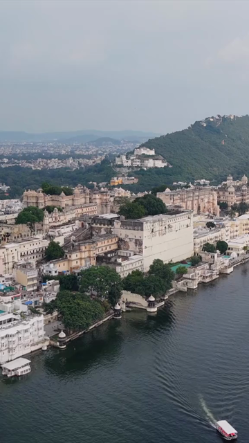 Vertical Aerial View of City Palace and Lake Pichola Udaipur Rajasthan India