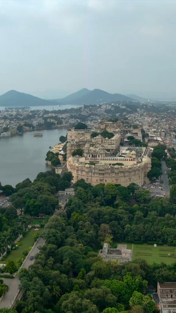 Vertical Aerial View of City Palace and Lake Pichola Udaipur Rajasthan India
