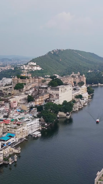 Vertical Aerial View of City Palace and Lake Pichola Udaipur Rajasthan India