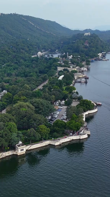 Vertical Aerial View of City Palace and Lake Pichola Udaipur Rajasthan India
