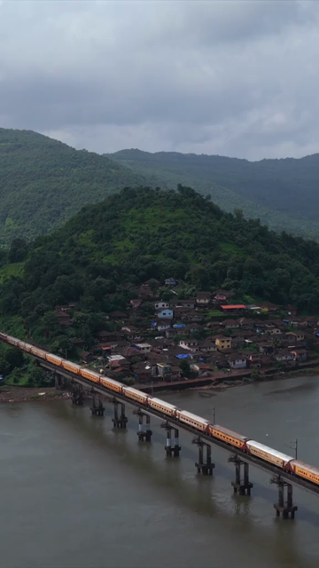 Vertical Aerial View of Dasgaon Village and Savitri River with Konkan Railway Bridge Maharashtra