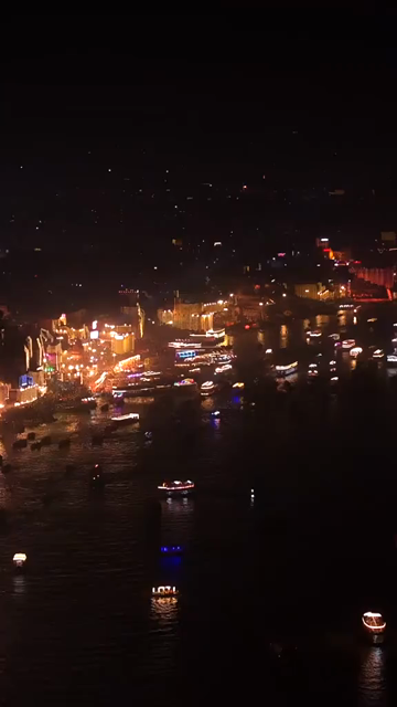 Vertical Aerial View of Fireworks over the Ganges River During Dev Deepawali, Varanasi