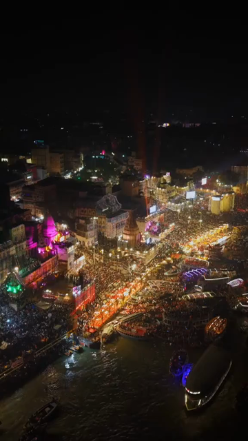 Vertical Aerial View of Fireworks over the Ganges River During Dev Deepawali, Varanasi