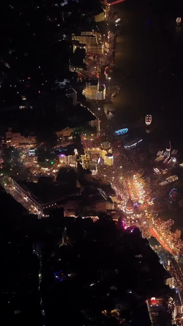 Vertical Aerial View of Fireworks over the Ganges River During Dev Deepawali, Varanasi