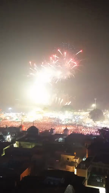 Vertical Aerial View of Fireworks over the Ganges River During Dev Deepawali, Varanasi