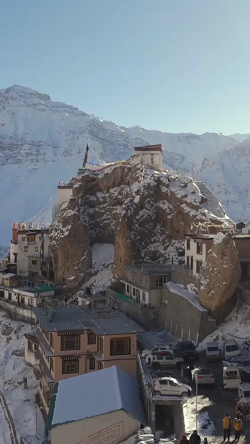 Vertical Aerial View of Dhankar Monastery Spiti Valley Himachal Pradesh