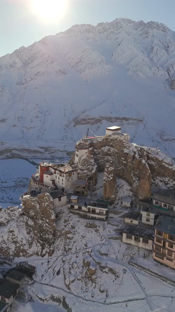 Vertical Aerial View of Dhankar Monastery in Spiti Valley Himachal Pradesh India