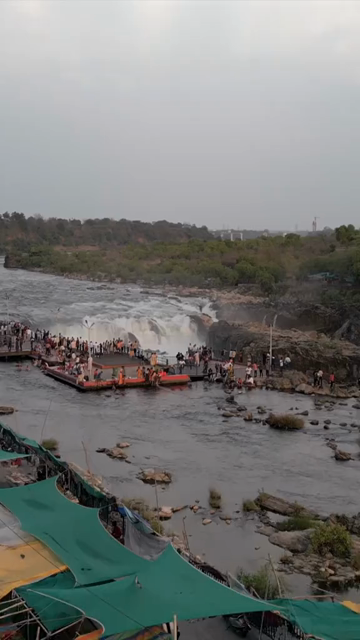 Vertical Aerial View of Dhuandhar Falls, Bhedaghat, Jabalpur, Madhya Pradesh, India