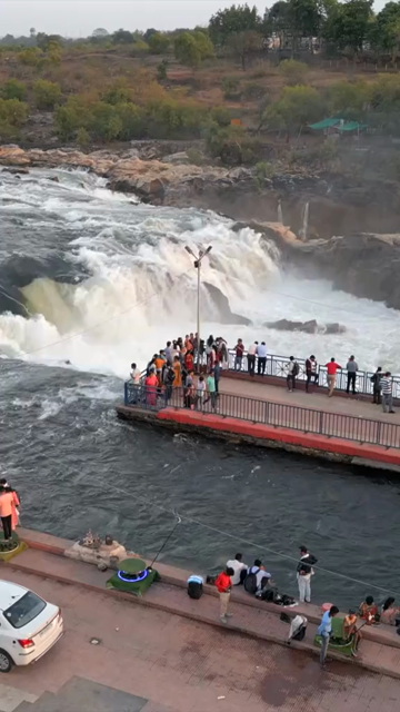Vertical Aerial View of Dhuandhar Falls, Bhedaghat, Jabalpur, Madhya Pradesh, India
