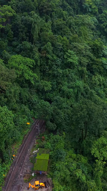 Vertical Aerial View of Dudhsagar Railway Track Through Lush Forest in Goa India