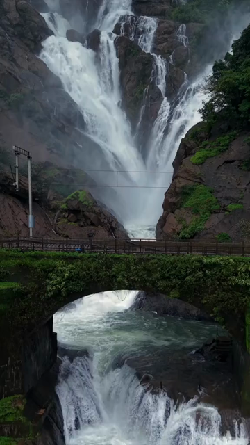 Vertical Aerial View of Dudhsagar Waterfall Surrounded by Lush Forest in Goa India