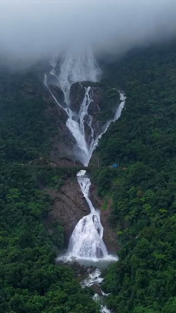 Vertical Aerial View of Dudhsagar Waterfall Surrounded by Lush Forest in Goa India