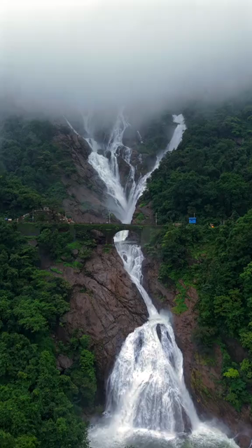 Vertical Aerial View of Dudhsagar Waterfall Surrounded by Lush Forest in Goa India