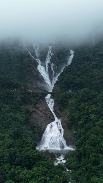 Vertical Aerial View of Dudhsagar Waterfall Surrounded by Lush Forest in Goa India