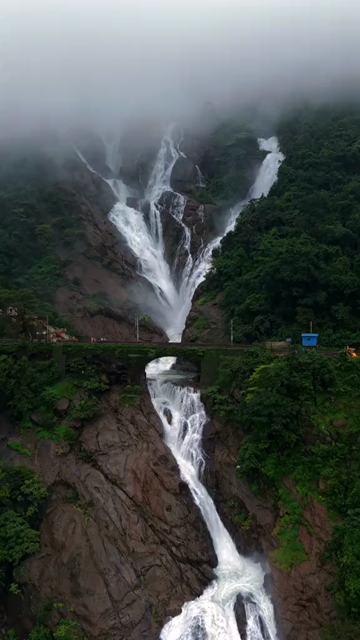 Vertical Aerial View of Dudhsagar Waterfall Surrounded by Lush Forest in Goa India