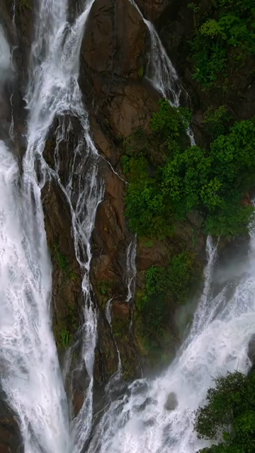 Vertical Aerial View of Dudhsagar Waterfall Surrounded by Lush Forest in Goa India