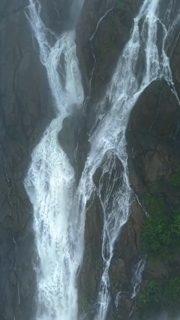 Vertical Aerial View of Dudhsagar Waterfall Surrounded by Lush Forest in Goa India