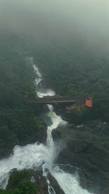 Vertical Aerial View of Dudhsagar Waterfall Surrounded by Lush Forest in Goa India
