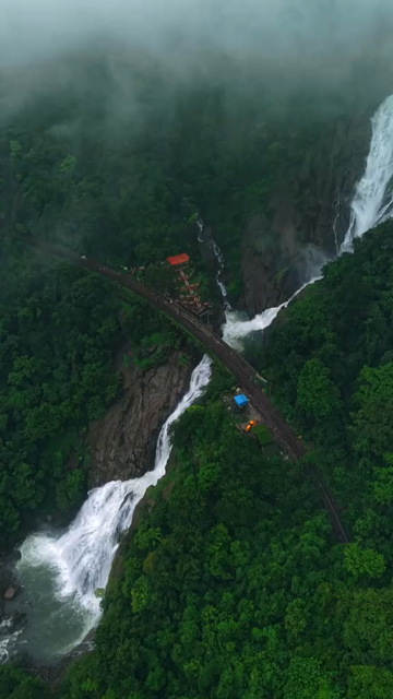 Vertical Aerial View of Dudhsagar Waterfall Surrounded by Lush Forest in Goa India