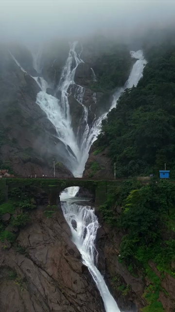 Vertical Aerial View of Dudhsagar Waterfall Surrounded by Lush Forest in Goa India