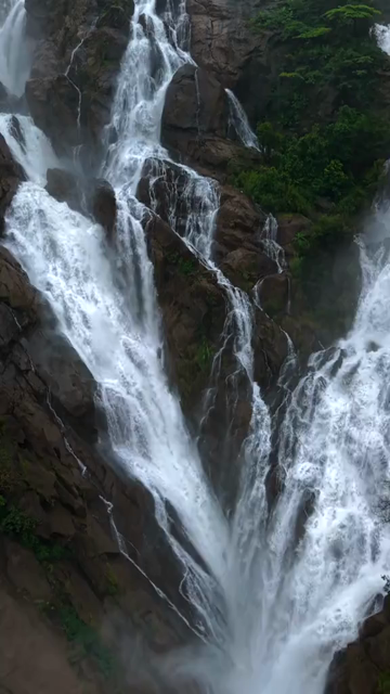 Vertical Aerial View of Dudhsagar Waterfall Surrounded by Lush Forest in Goa India