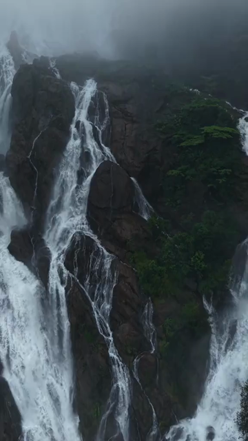 Vertical Aerial View of Dudhsagar Waterfall Surrounded by Lush Forest in Goa India