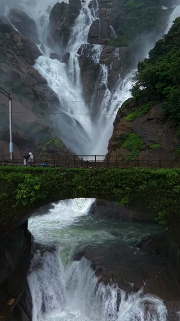 Vertical Aerial View of Dudhsagar Waterfall Surrounded by Lush Forest in Goa India