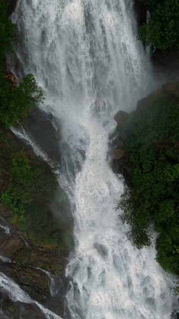 Vertical Aerial View of Dudhsagar Waterfall Surrounded by Lush Forest in Goa India
