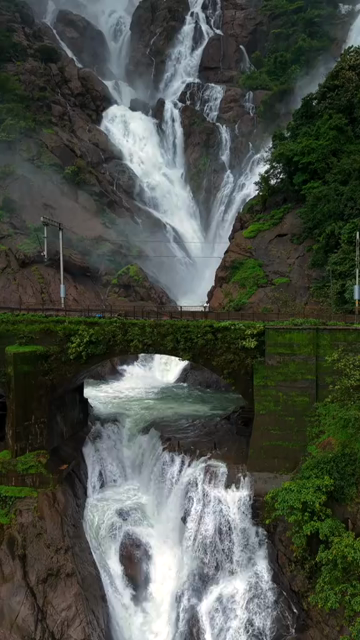 Vertical Aerial View of Dudhsagar Waterfall Surrounded by Lush Forest in Goa India