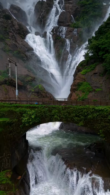 Vertical Aerial View of Dudhsagar Waterfall Surrounded by Lush Forest in Goa India