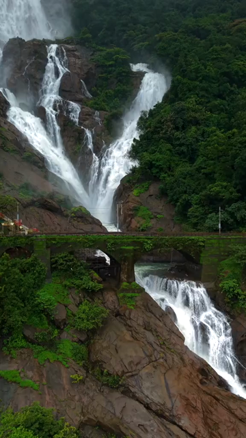 Vertical Aerial View of Dudhsagar Waterfall Surrounded by Lush Forest in Goa India