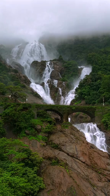 Vertical Aerial View of Dudhsagar Waterfall Surrounded by Lush Forest in Goa India