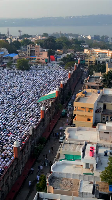 Vertical Aerial View of Eid Prayers at Taj-ul-Masajid, Bhopal, India