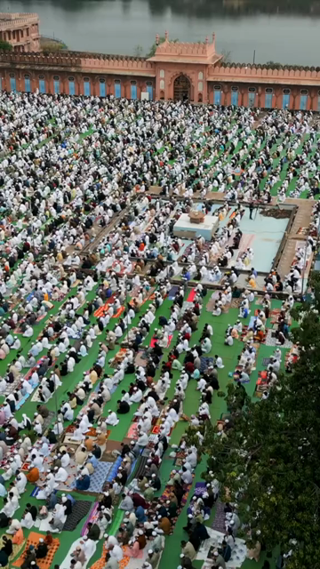 Vertical Aerial View of Eid Prayers at Taj-ul-Masajid, Bhopal, India
