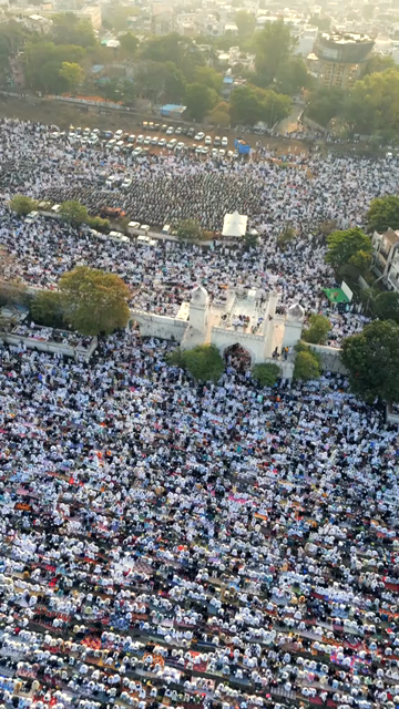 Vertical Aerial View of Eid Prayers at Taj-ul-Masajid, Bhopal, India