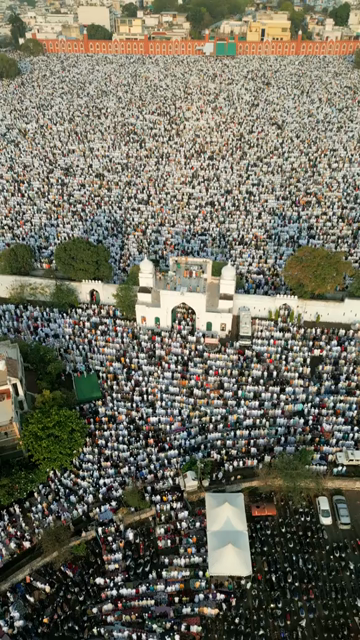 Vertical Aerial View of Eid Prayers at Taj-ul-Masajid, Bhopal, India