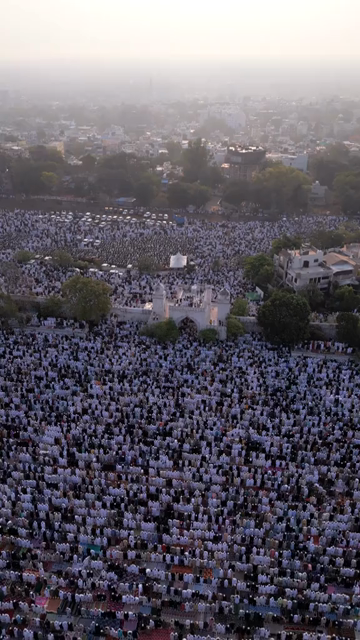 Vertical Aerial View of Eid Prayers at Taj-ul-Masajid, Bhopal, India