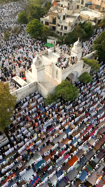 Vertical Aerial View of Eid Prayers at Taj-ul-Masajid, Bhopal, India