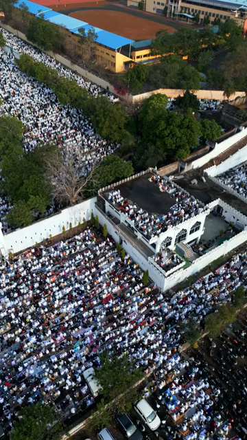 Vertical Aerial View of Eid Prayers at Taj-ul-Masajid, Bhopal, India